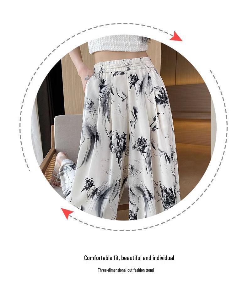 Women's High Waist Ink Print Ice Silk Wide-Leg Capri Pants - Summer 2025 Collection