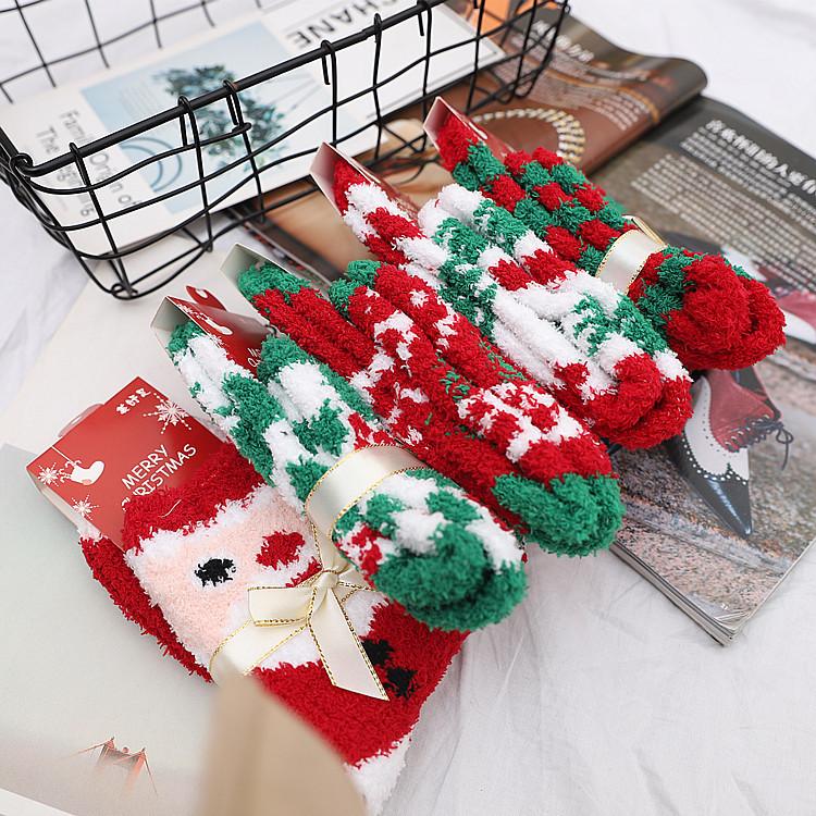 Autumn And Winter Coral Fleece Christmas Women'S Socks Home Heating Floor Socks Chinese New Year Festive Big Red Socks Female Cartoon Elk Socks