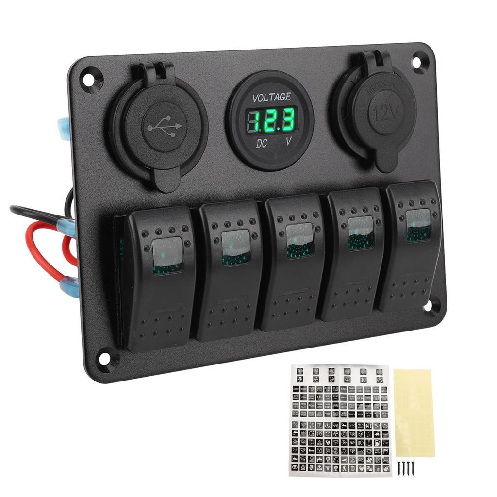 Switch Panel DC 12 to 24V 5 Gang Aluminum Alloy IP65 Water Resistant Prewired Rocker Switch Panel with Dual USB Cigar