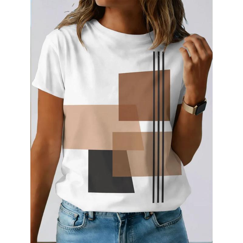 Fashion Women's Crew Neck Short Sleeve 3D Color Printing Striped Short Sleeve Crew Neck T-Shirt