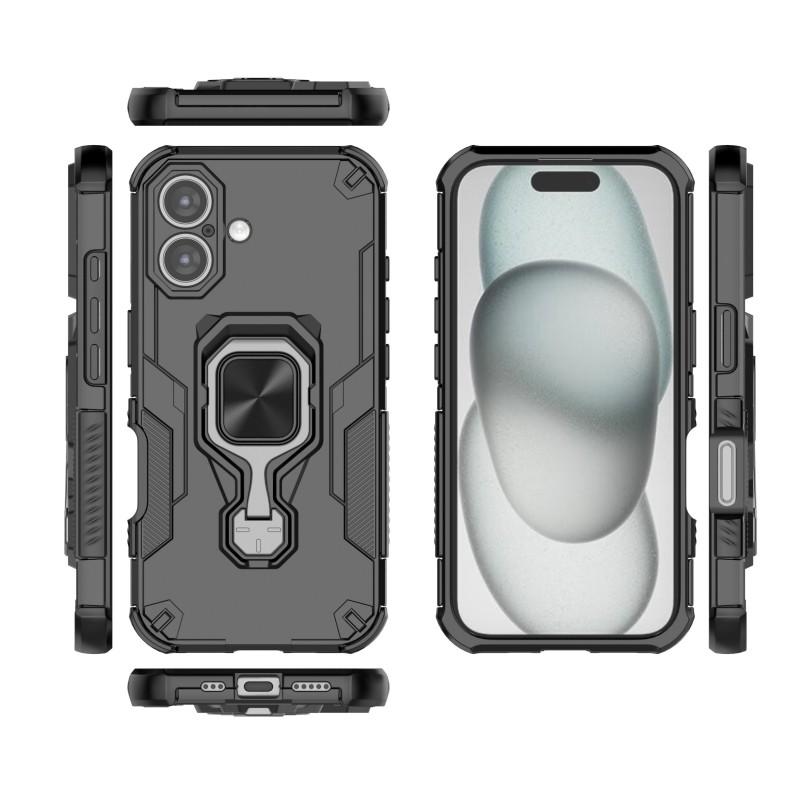 For iPhone 16 Phone Case WANLONFENG PC TPU Back Cover Kickstand with Tempered Glass