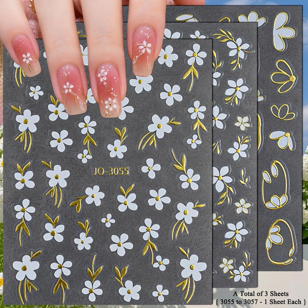 3 To 18 Sheets 3D White Daisy Nail Stickers Gold Line Flower Leaf Decals Self Adhesive Spring Nail Art