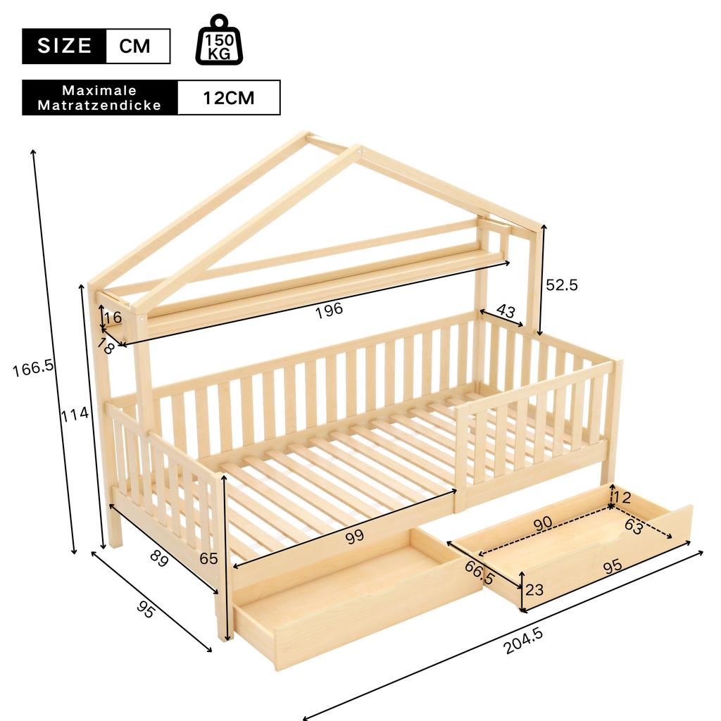 Children's bed in wood color, house bed with drawers, solid wood with slatted frame, pine, youth room, 90x200, natural [OLD SKU:3226890AAW]