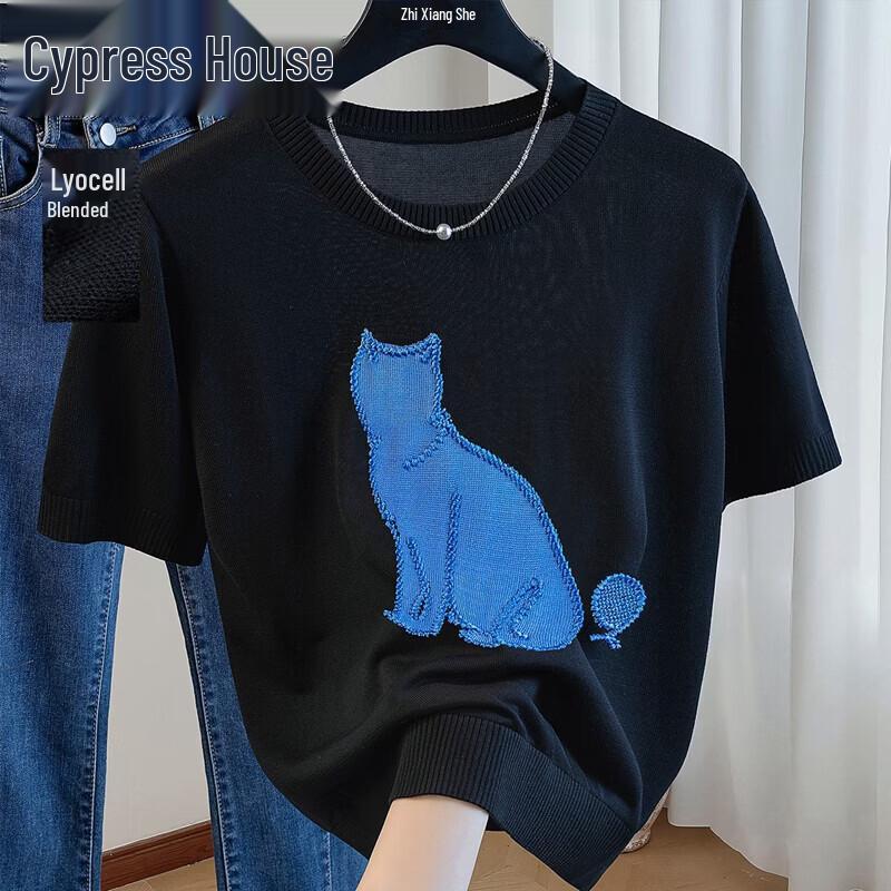 Sishe Women s Lyocell Short Sleeve Knit Top with Cat Embroidery One Size