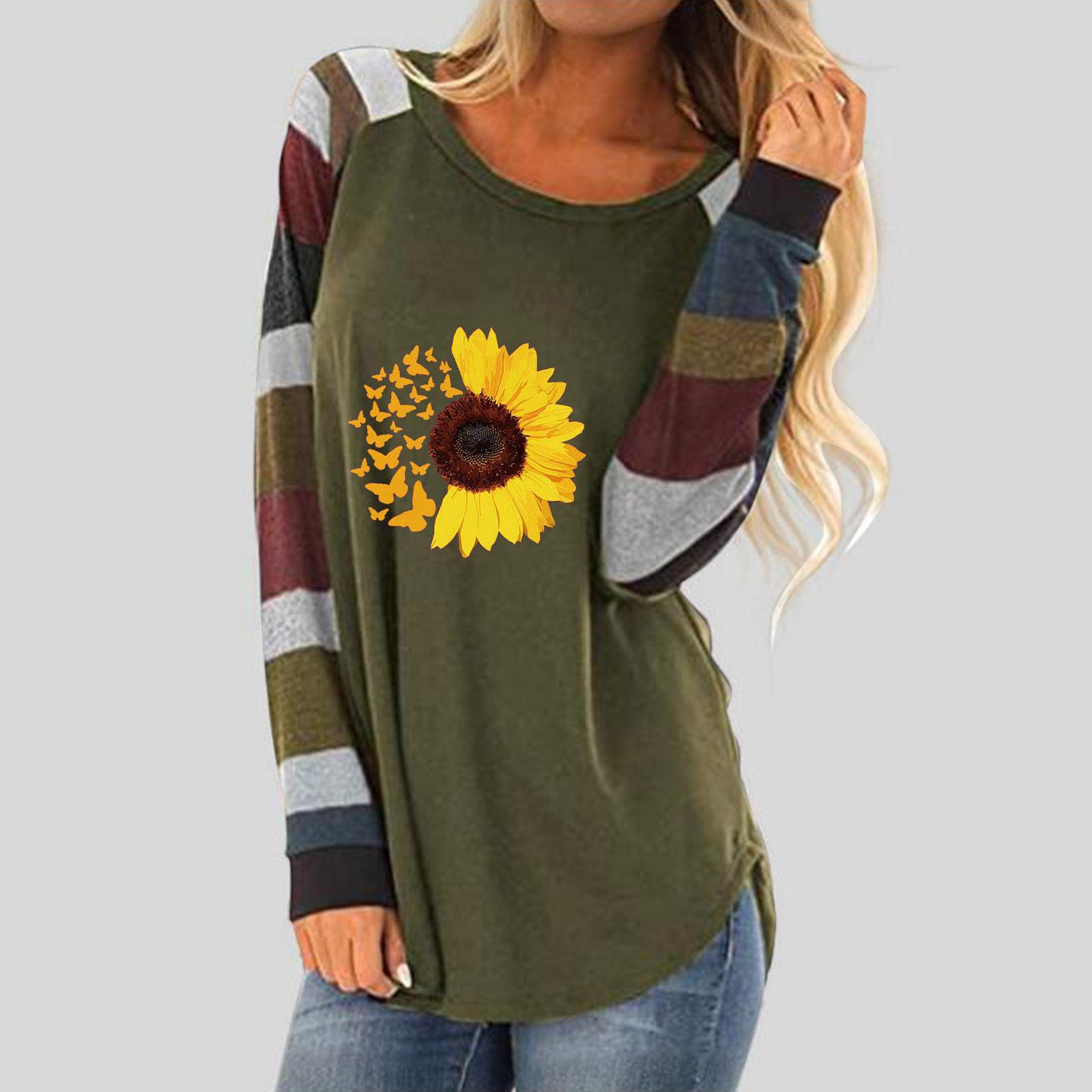 Women Summer Casual Printed Striped Round Neck Long-sleeved Top Blouse M