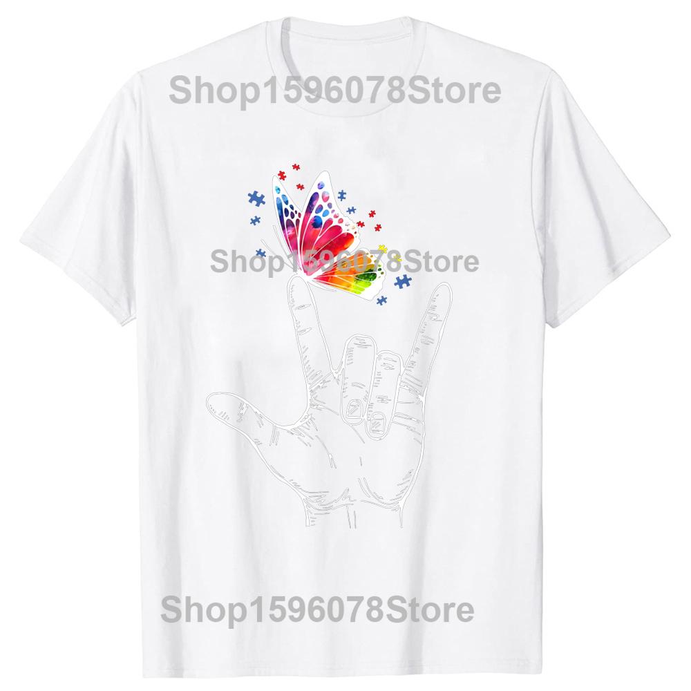 I Love You Hand Sign Language Butterfly Autism Awareness Tshirt Retro Oneck Tshirt Women Clothing Tees Fashion Unisex T Shirt S
