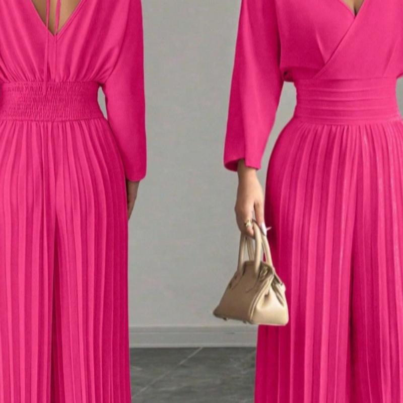 Pantaloni a gamba larga a vita alta alla moda, eleganti, tinta unita, scollo a V, manica corta, plissettati, tuta intera da donna, stile da pendolare