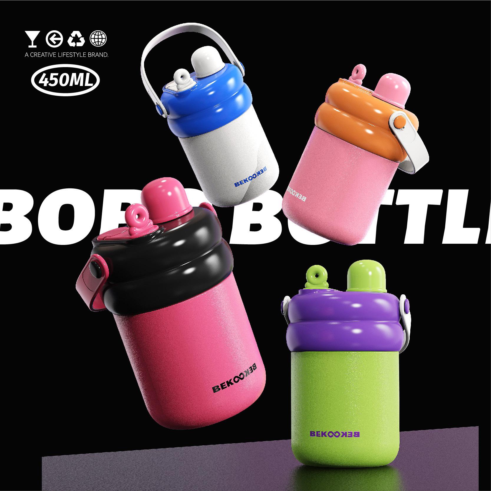 450ML Children s THERMOS CUP With Handle And Straw,Stainless Steel  Vacuum Flasks,Drinkware,Double Drink Student Water Bottle 450ml розовый