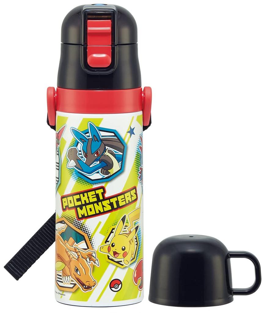 Skater Kids' Stainless Steel Water Bottle, 2-Way, 470ml (Direct Drink) or 430ml (Cup Drink), Pokemon Design 23, Kid-Friendly and Lightweight,