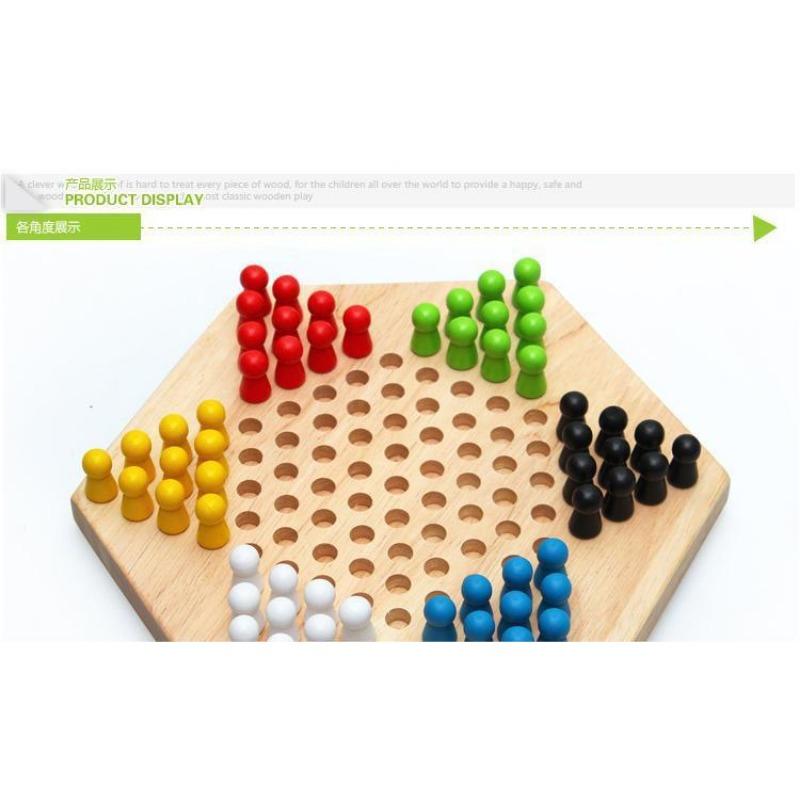 Wooden Hexagonal Jump Checkers Kids Parent Interactive Tabletop Board Game