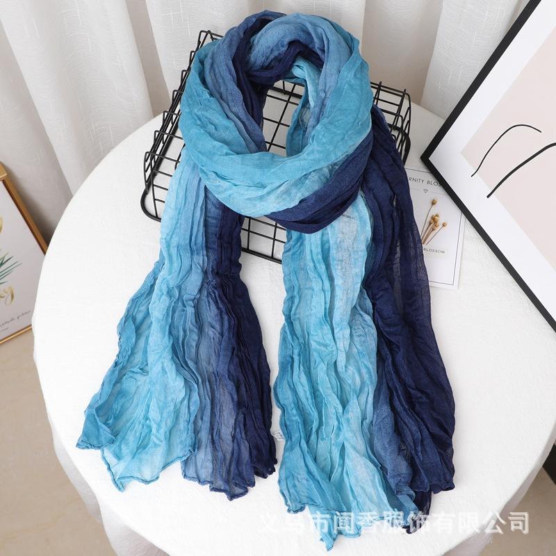 Contrast Color Cotton And Linen Wrinkled Scarf Female Literary And Artistic Fan Atmosphere Warm Silk Scarf Retro Gradual Change Color Scarf Shawl