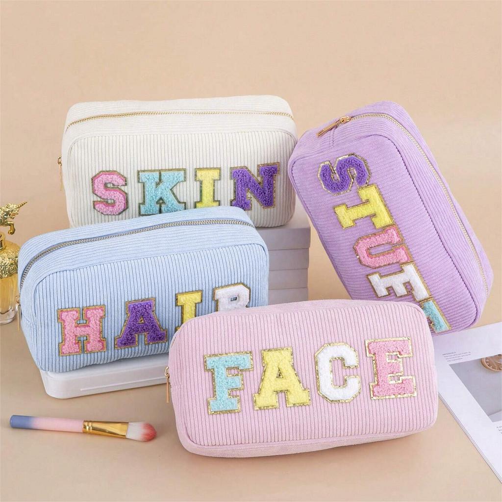 Letter Design Corduroy Toiletry Organizer With Breathable Fabric For Daily Use