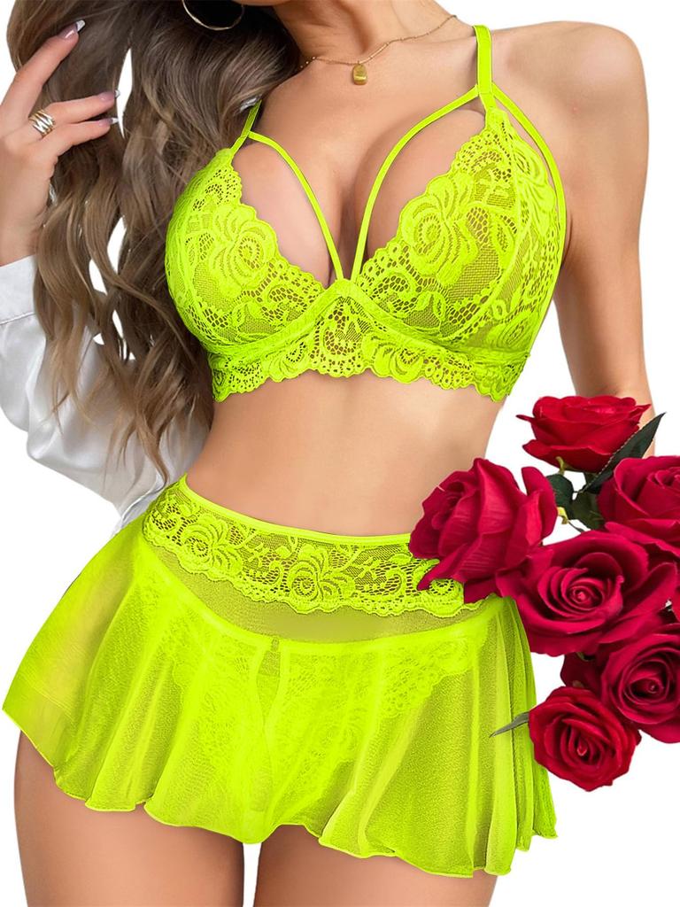 Sexy Mini Skirt with Thong Floral Lace Sheer Bralette Lingerie Set 3 Piece Otufits