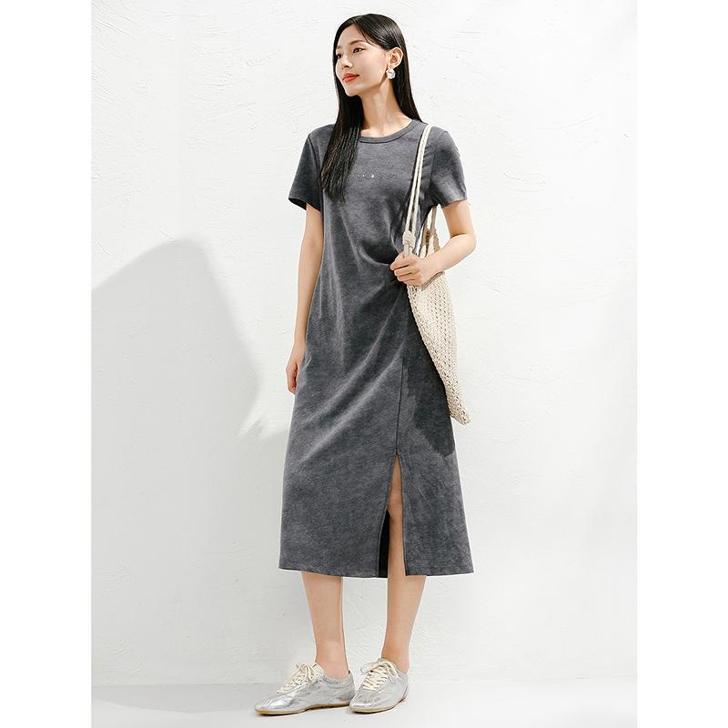 Jiuzi Anna Kou American Casual Age Reducing Hot Stamping Diamond Waist Slimming Loose Dress for Women 2025 Summer New Style