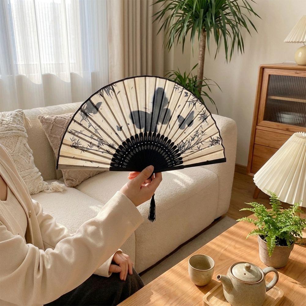 Wooden Handle Hand Fold Fan Vintage Classical Dance Fan Summer Cooling Bamboo Fan Dance Props
