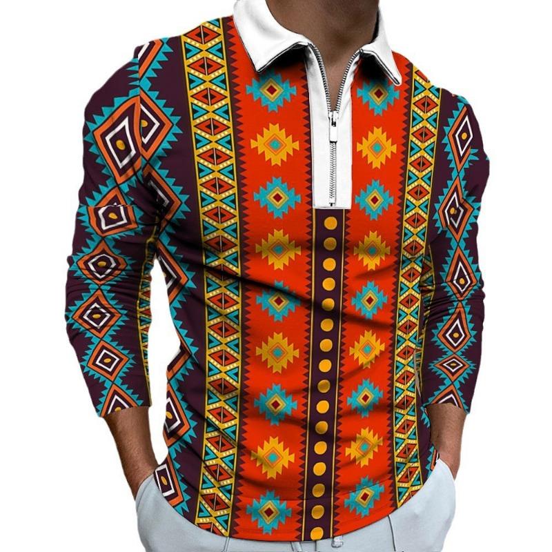 Herren Traditionelles Afrikanisches Muster Hemd Langarm Reißverschluss Freizeitkleidung