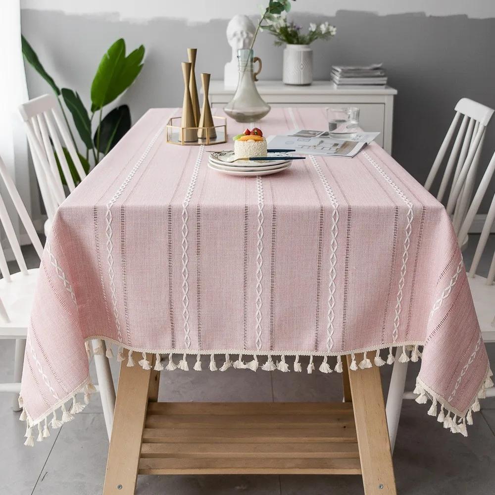 Cotton Linen Tablecloth Rectangle Dining Table Cover Wrinkle Free Farmhouse Fabric Cloth with Tassels Restaurant Party Decor