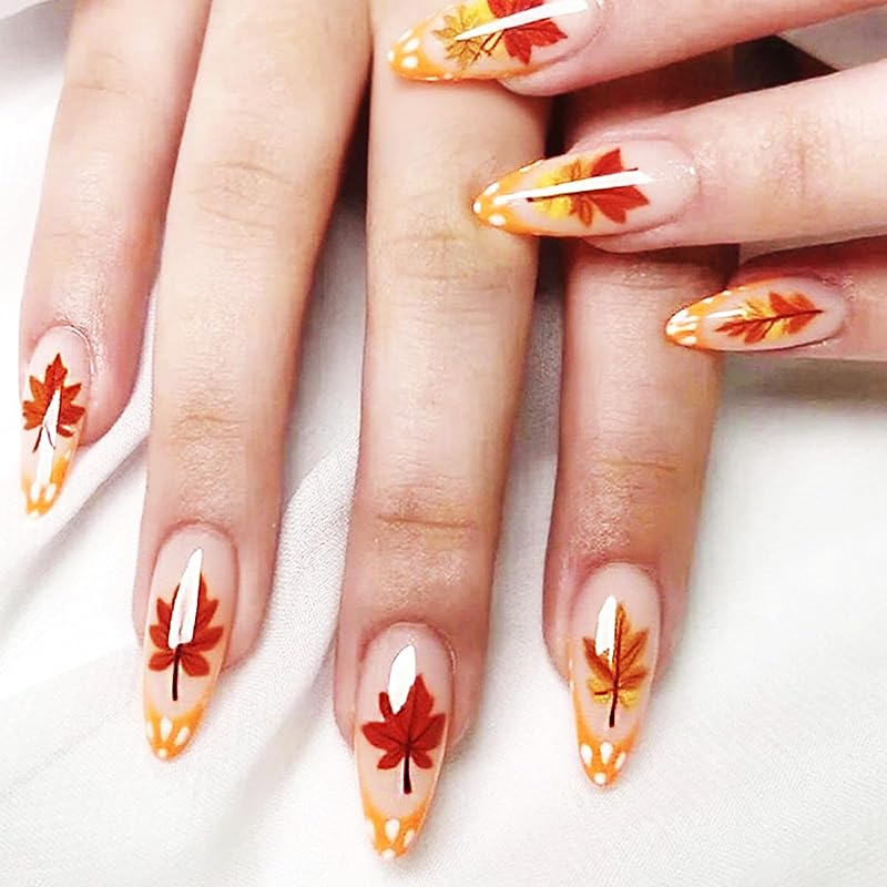 Maple Leaf Press on Nails Fall Leaves Stick on Fingernails Thanksgiving Short Square False Nails 24Pcs Glossy Silver Glitter Acrylic Fake Nail Autumn