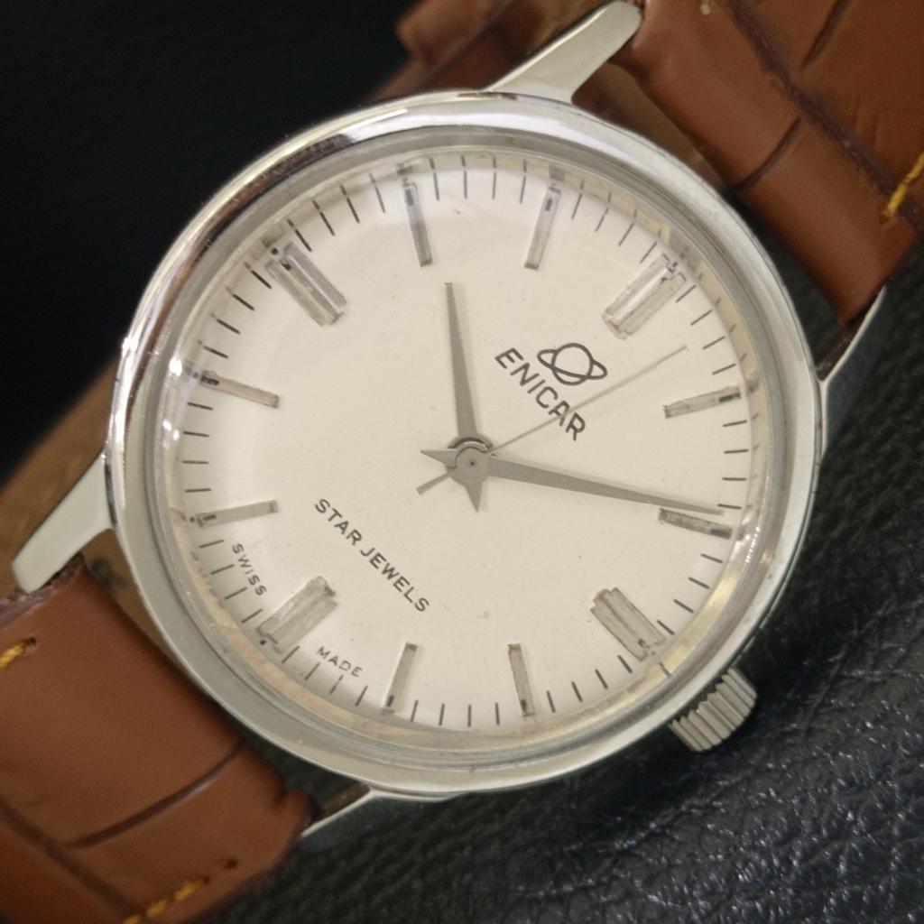 

HAND-WINDING VINTAGE ENICAR STAR JEWELS SWISS MENS WHITE DIAL WATCH a703856-1 R213f-a703856