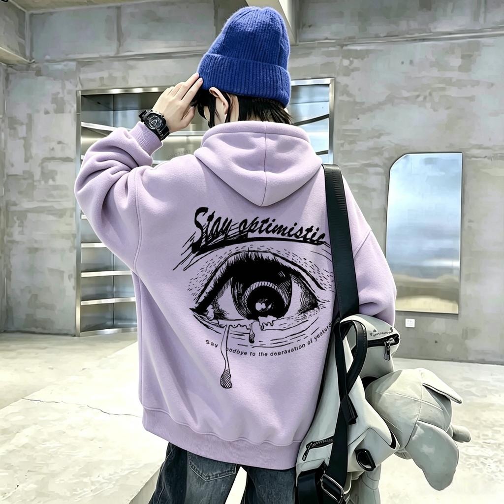 Latest style French pattern eye design children's hooded pullover sweatshirt with long sleeves and loose fit for boys and girls