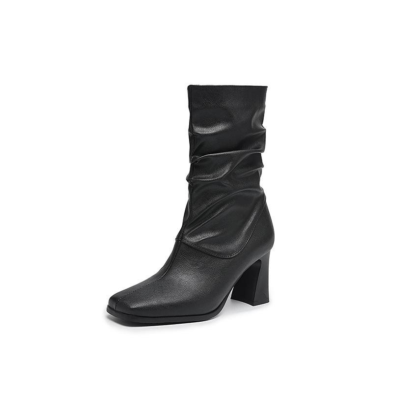 Autumn and Winter High-heeled British-style Square-head Pleated Low Boots