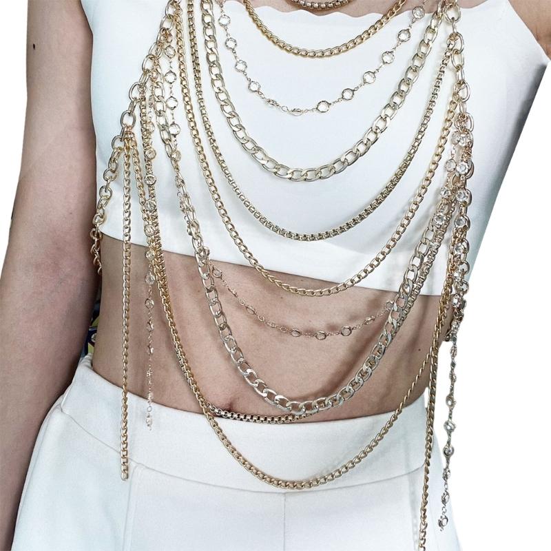 

Elegant Rhinestones Bikini Body Chain Necklace Adjustable Length for Women Layered Chest Chain Halter Neck Body Jewelry 1