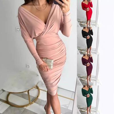 Autumn Women's Dress V-neck Sexy Bodycon Long-sleeve Mid-length Dress for Party