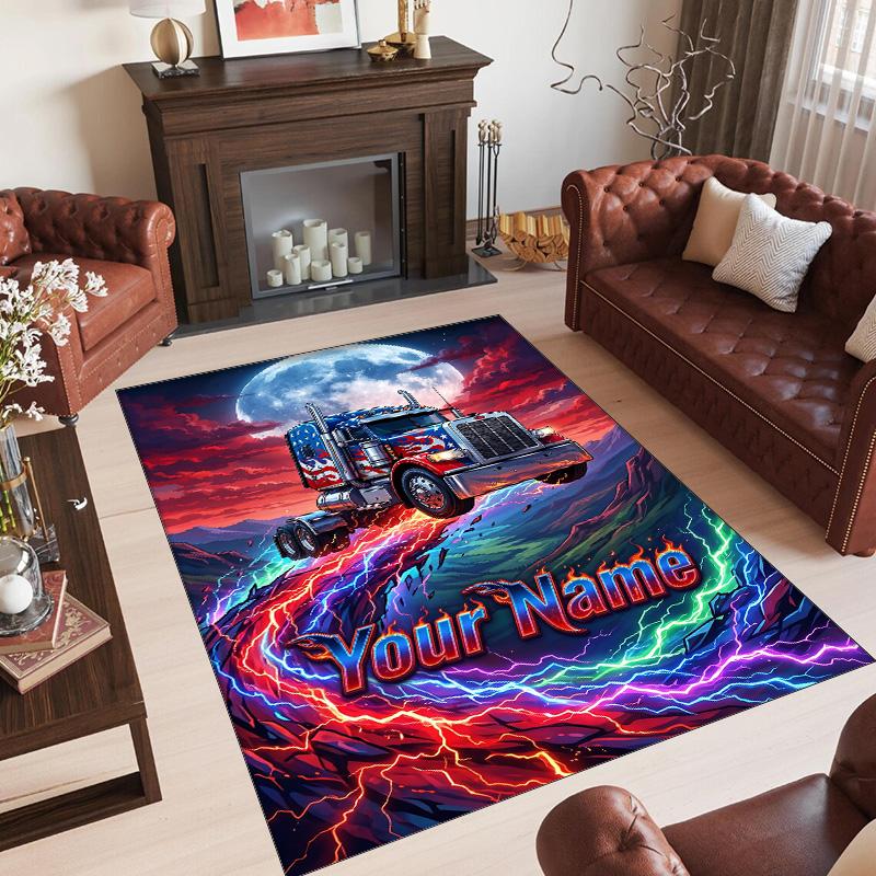 Truck Theme Crystal Velvet Rug Personalized Custom Name Text Soft Floor Mat Home Decor