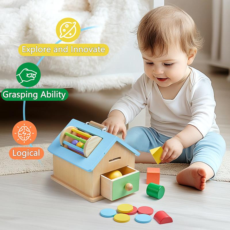 Scatola Permanente Montessori Giocattoli per Bambini Contenitore Sensoriale Scatola Porta Monete Lancio Palline Tamburo Tessile Attività per la Motricità Fine Giocattolo Educativo