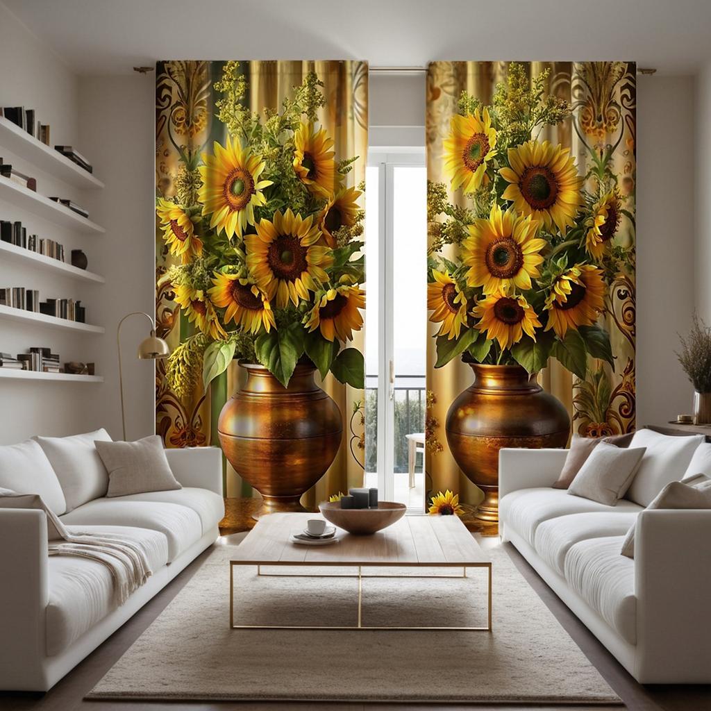 2pcs HD Digital Curtains Printed Yellow Tied Jar Sunflower Flower Home Decoration Style Decorate Living Room Bedroom Wear Rod