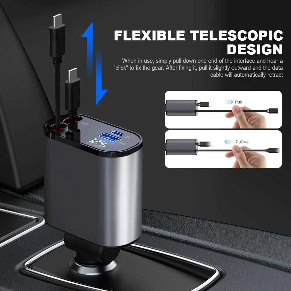 100W Dual USB Super Fast Car Charger 4 In 1 USB Car Charge Scalable Cable Interface Vehicle Supplies Car Adapter for iOS Type C