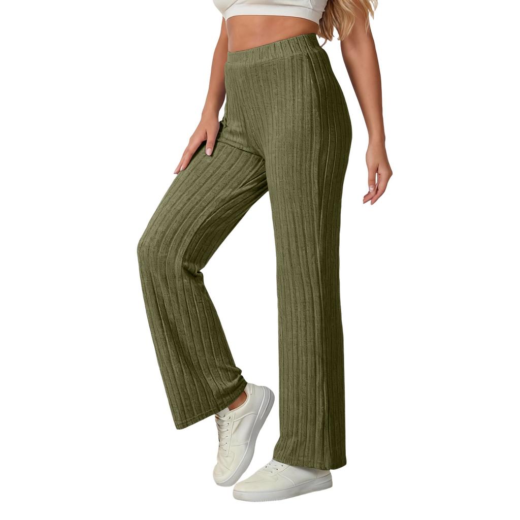 Women's Loose Straight Leg Leggings, High-Waisted Elastic Ribbed Knit Casual Pants, Comfortable And Warm Sweater Pants, Soft Home Pants