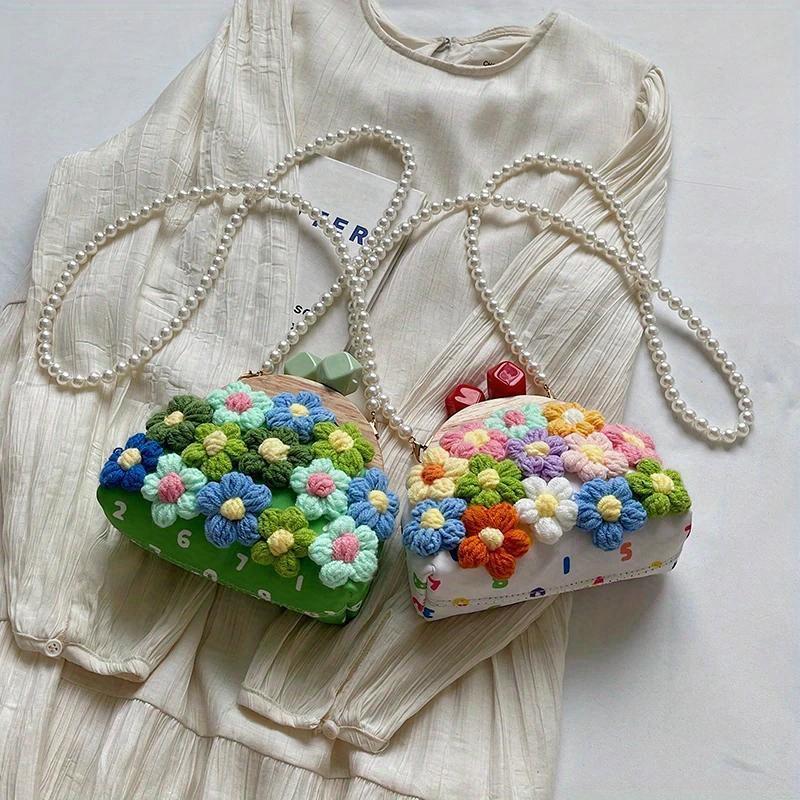 Retro Wooden Clip Purse Handbag Fashion Crochet Bag For Women Trend Simulation Pearl Chain Crossbody Bag Lady Knitting Handbag Purse