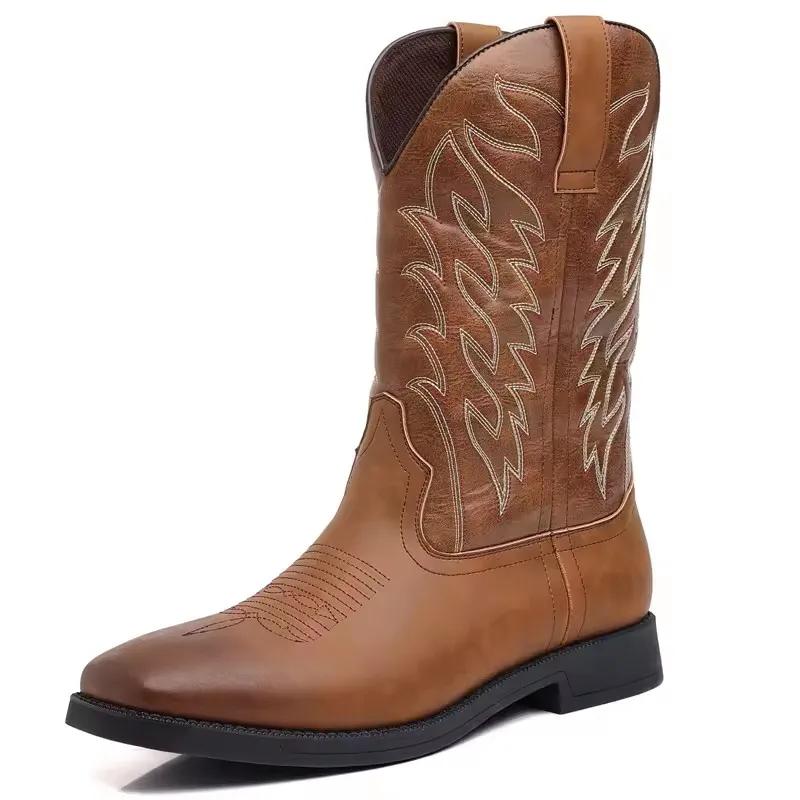 

2026Autumn Winter Classic High Cut Embroidered Retro Western Cowboy Boots Men Mid-Calf Boots Outdoor Leather Boots Large Size 48 48