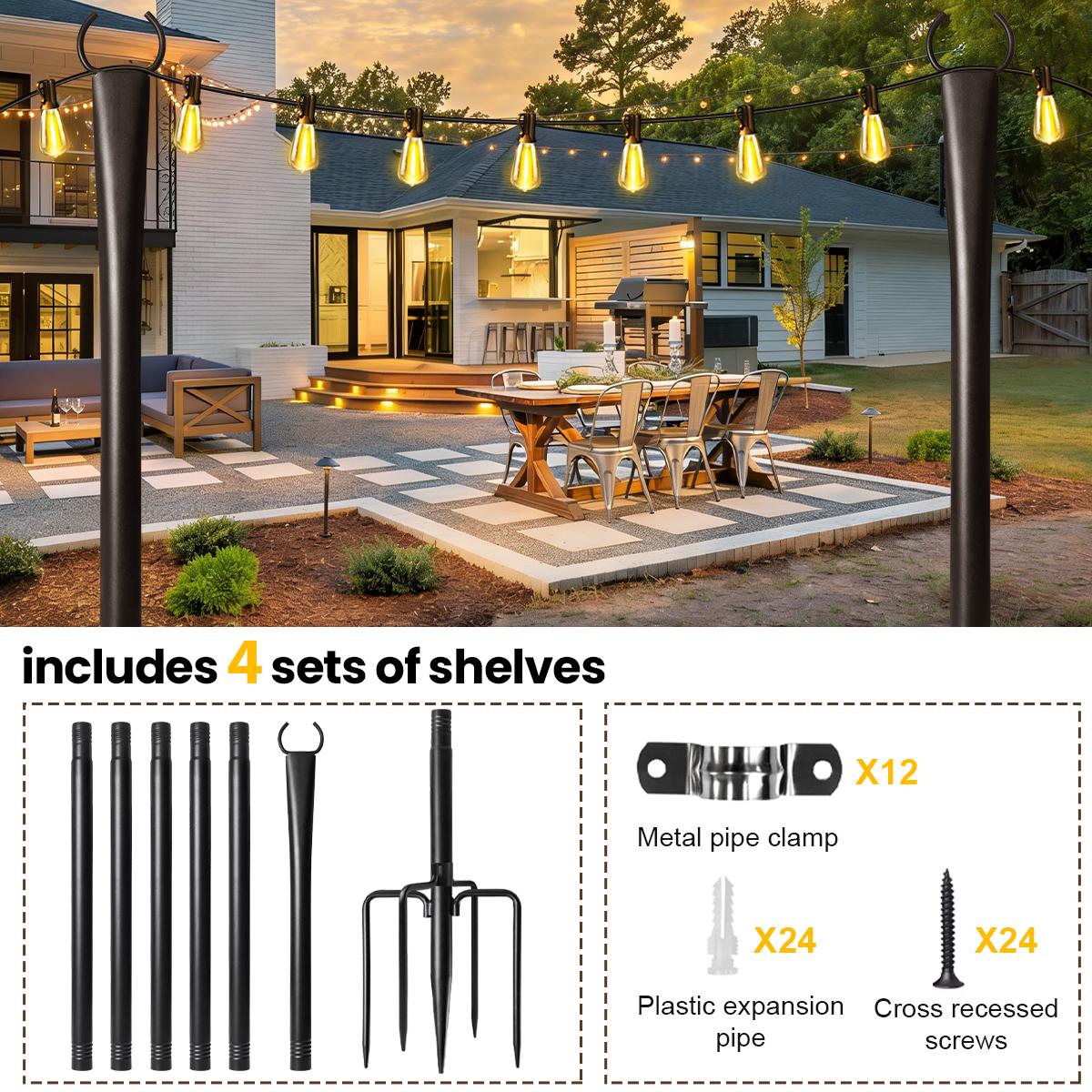 String Light Poles, 9.8 ft Metal Poles with Fork for Outdoor String Lights, Outdoor Light Poles with Fork, Poles/Post/Stand for 4PCS