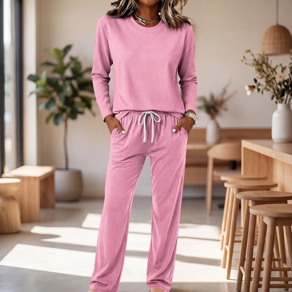 Women's Round Neck Long Sleeve Pajama Set with Drawstring Wide Leg Pants for Sleepwear Loungewear