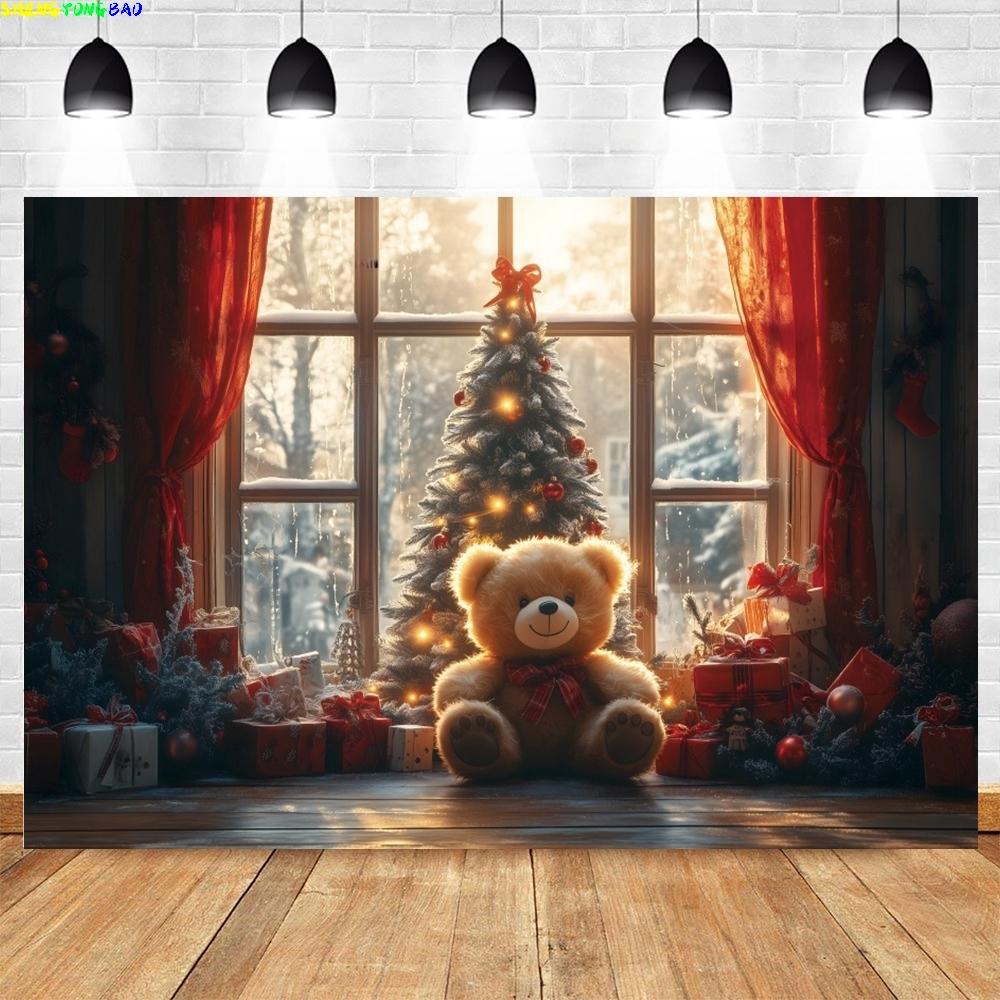 Winter Christmas Night Window Backdrop Xmas Trees Toy Bear Background Photography for Christmas New Year Party Decor Banner