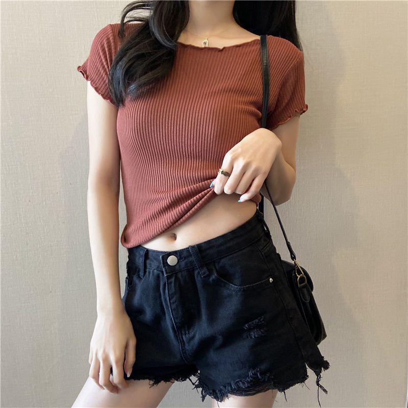 

Женский облегающий трикотажный топ с оборками в рубчик - Летний белый с коротким рукавом и черная майка Large