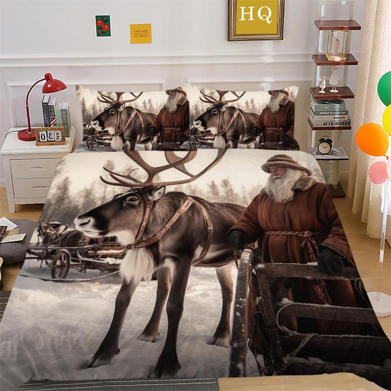 Jultomte Älg 3D-printad Polyester Kuddfodral Täcke Överdrag Två Eller Tre Delars Set