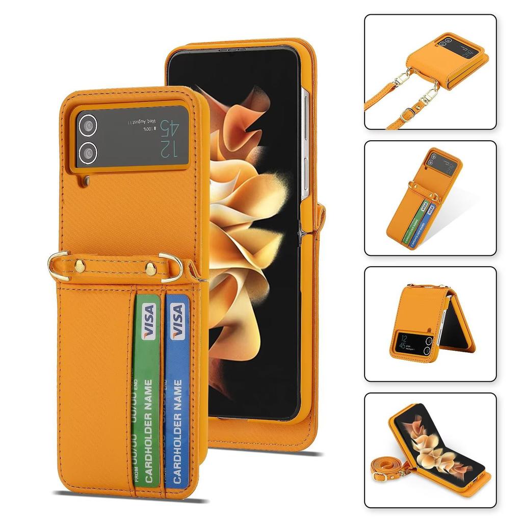 Suitable for Samsung Z Flip4 mobile phone leather case, folding mobile phone fashion card oblique span bag, strap mobile phone case