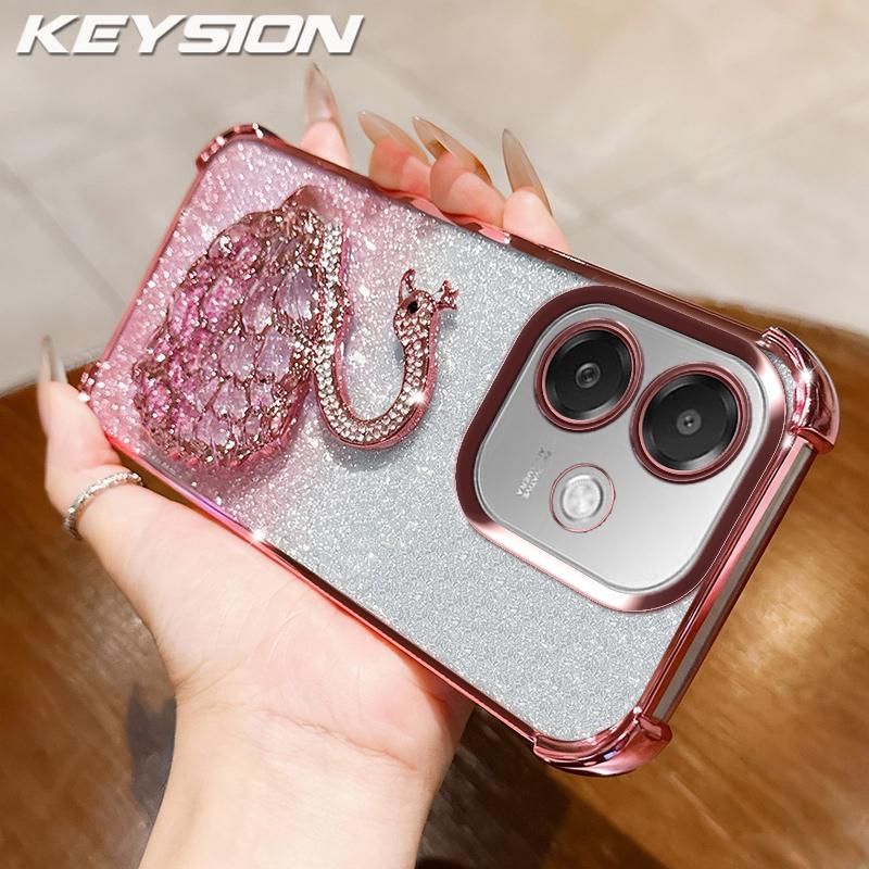 

KEYSION Протиударний чохол з покриттям для телефону OPPO A3 A3X 5G Прозорий ТПУ Блискучий Оздоблений Лебедем Підставка Задня кришка для OPPO A5i for OPPO A3 5G рожевий