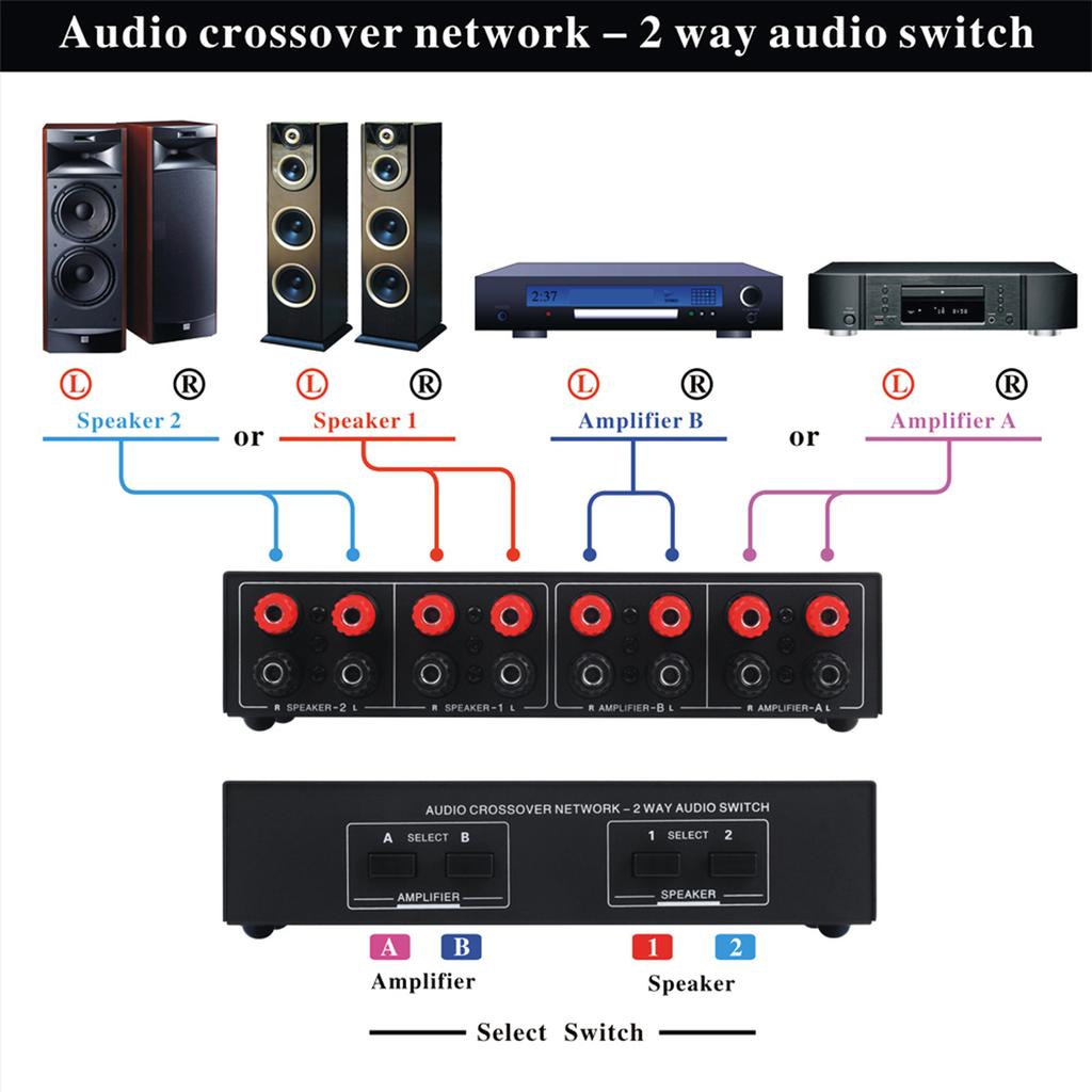 LYNEPAUAIO 2 In 2 Out Speaker Selector Switch Audio Signal Switcher Power Amplifier Audio Receiver Splitter Box