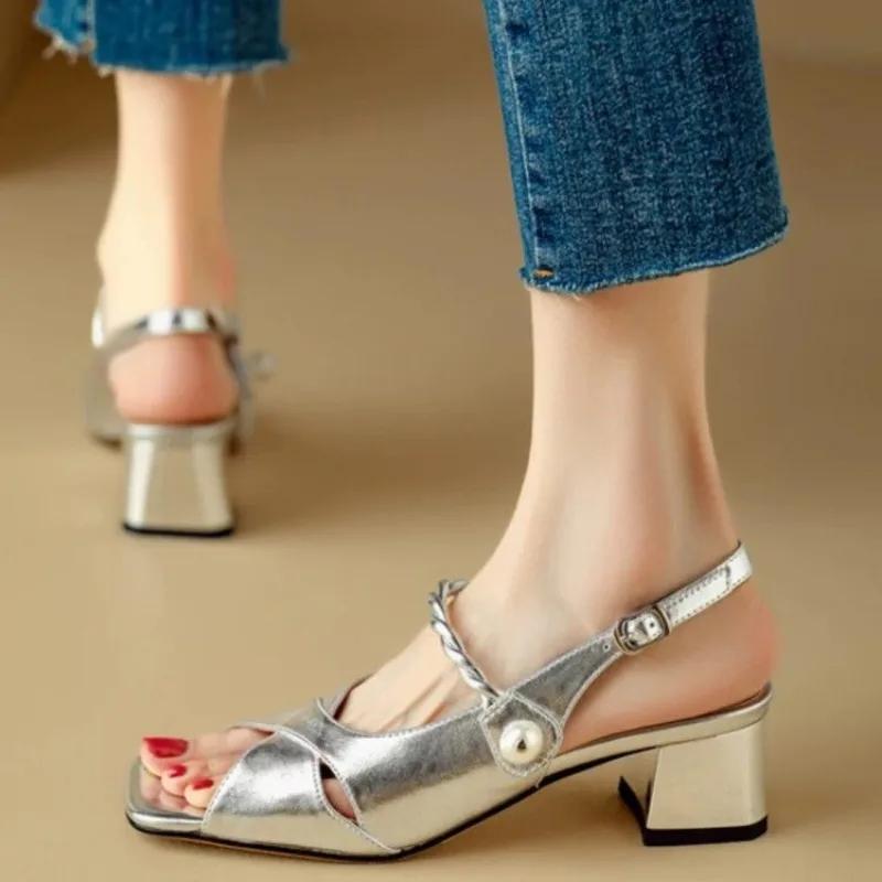 Women's Sandals Square Toe One-line Buckle Pearl Square Heel Shoes Women Dress French Elegant  Anti-slip New Zapatillas De Mujer