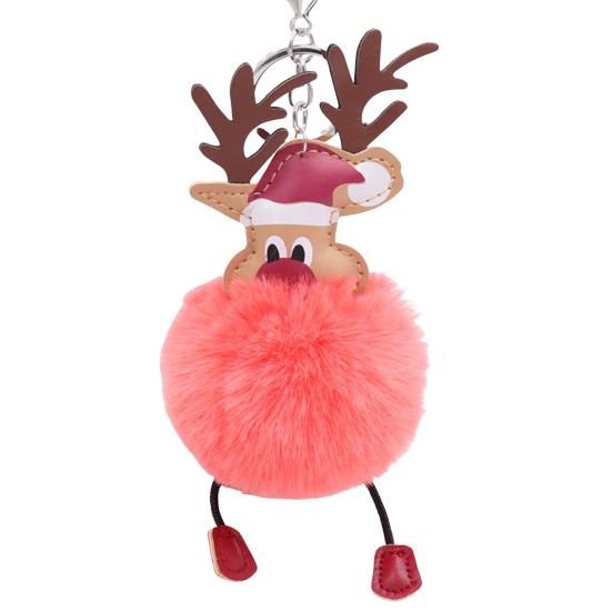 Christmas Deer Keychain Cute Reindeer Pom Pom Keyring Faux Fur Fluffy Plush Ball Charm for Handbag Backpack Purse Accessory