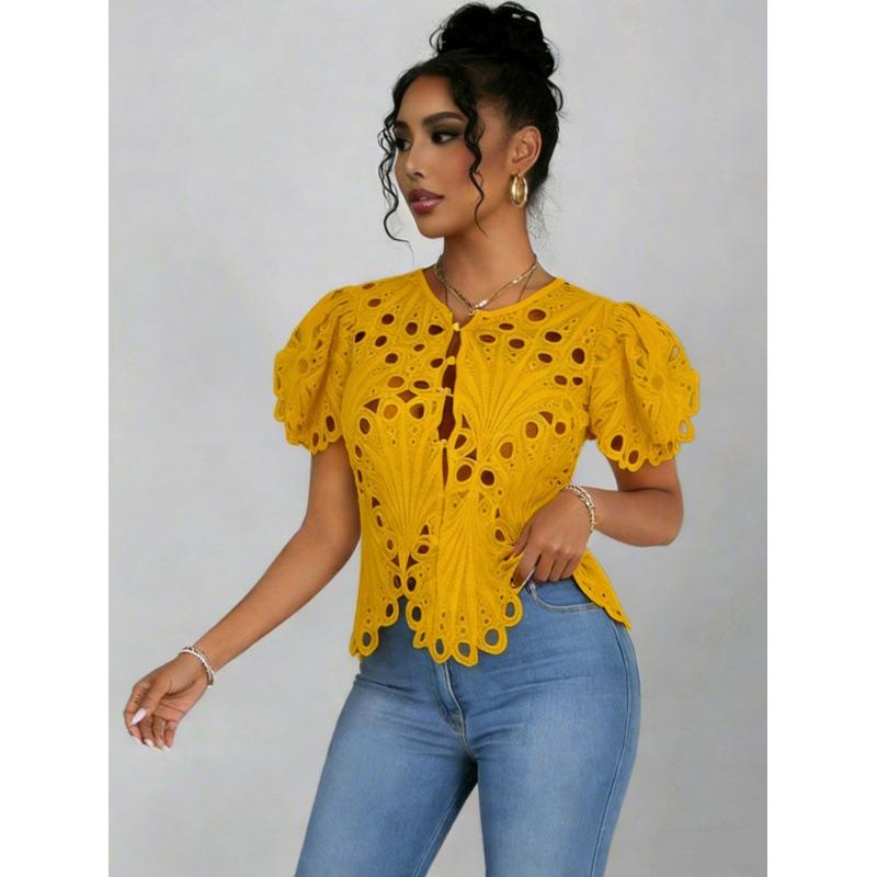 QICED Women's Fashion Casual Solid Color Print Short Sleeve V Neck Blouses & Shirts