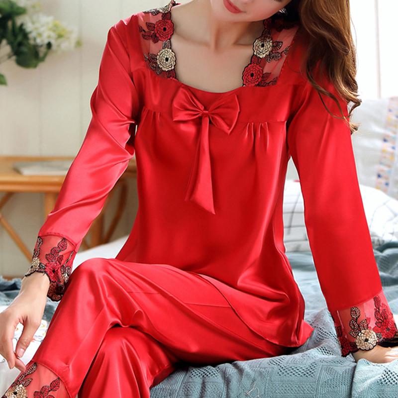 Pajama Women's Summer Ice Silk Long Sleeved Pants Two-piece Set Loose Oversized Lace Sexy Home Clothing Autumn