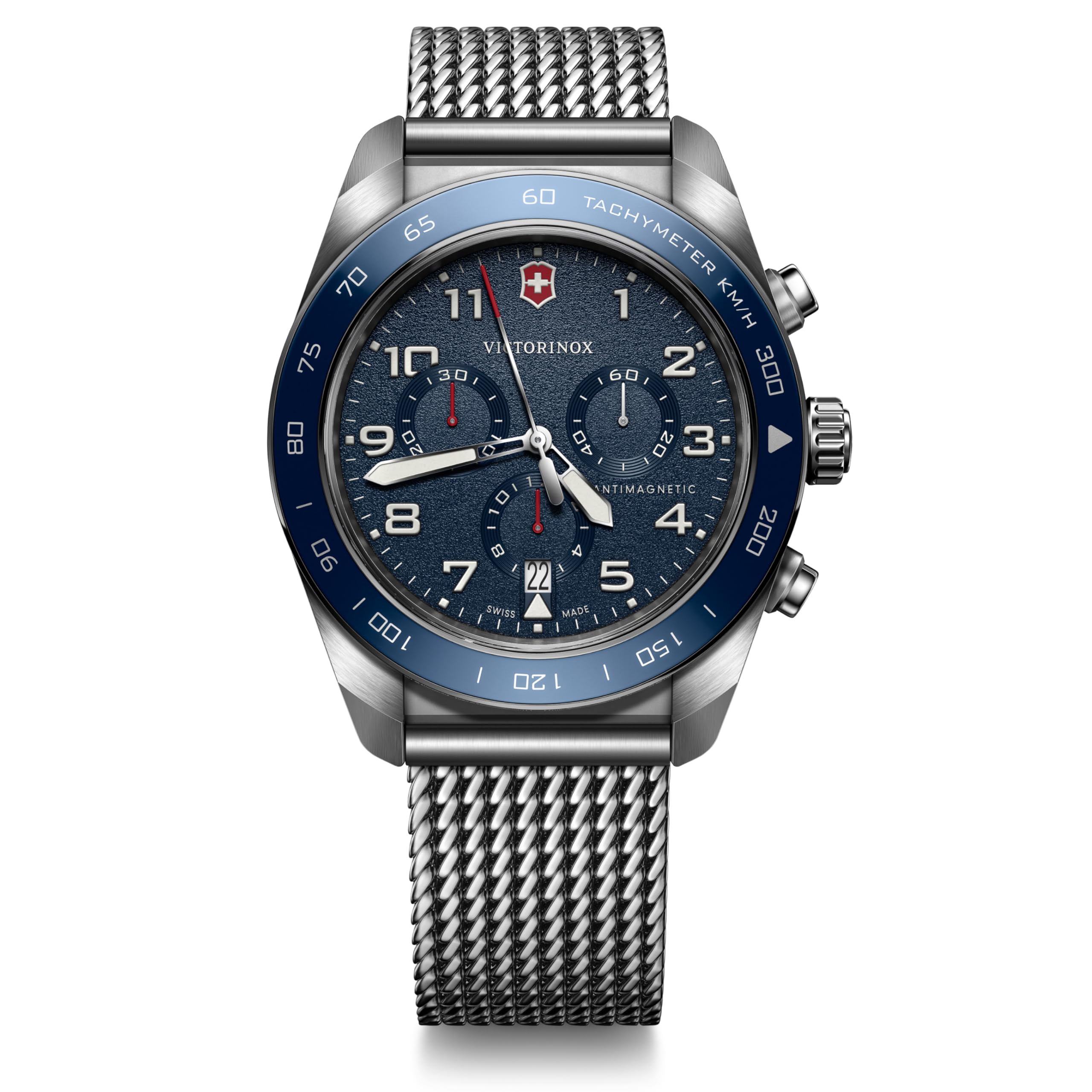 

VICTORINOX SWISS ARMY Chronograph Analog Waterproof Quartz Blue Mesh Stainless Steel Case Interchangeable Brand New Blue 242049 Men s Watch, Movement,