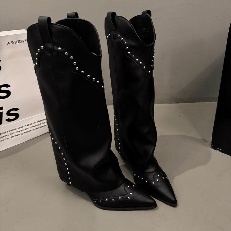 Woman Cowgirl Boots Slip on Ladies Elegant Square Heel Long Pipe Boots Shoes Retro Women's Winter Footwear