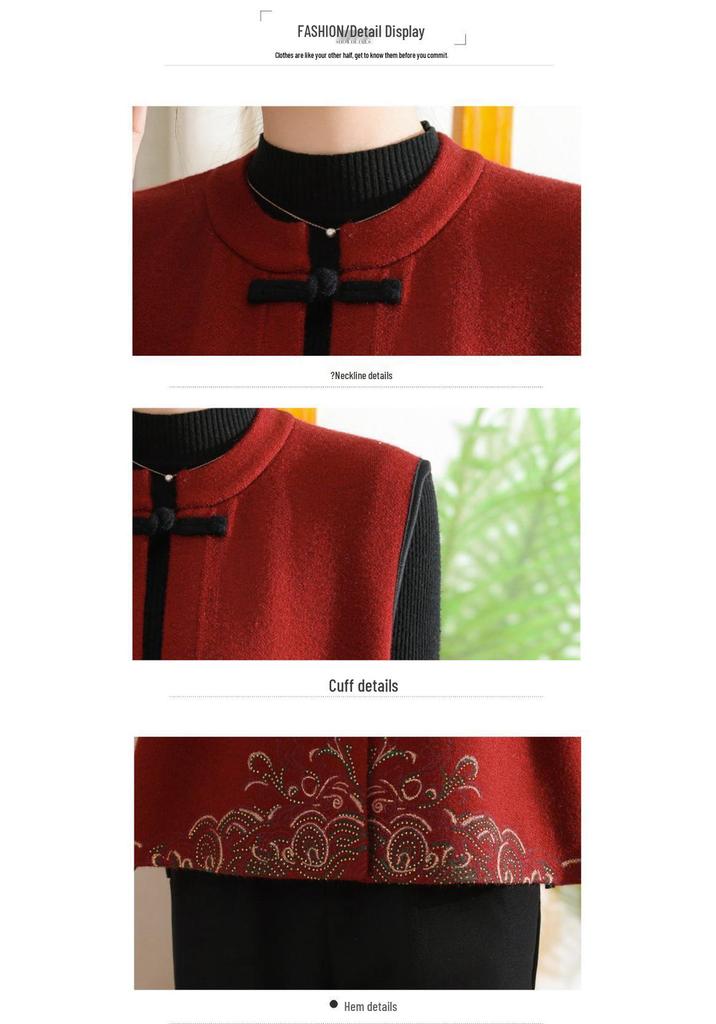 Stylish Women's Stand Collar Knit Vest with Frog Button & Embroidery - Warm Waistcoat for Middle-Aged & Elderly Mothers in New Chinese National Style.