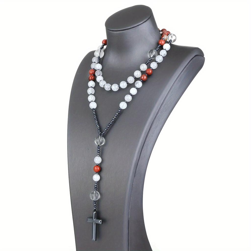 Red Stone White Crystal Rosary Beads Necklace Women Men Catholic Christ Hematite Cross Pendant Necklace Meditation Mala Jewelry